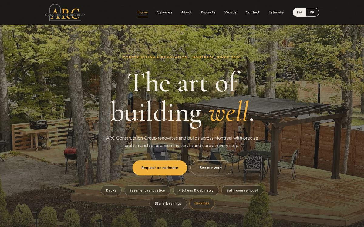 ARC Construction Group website homepage, designed by STELLAIRE