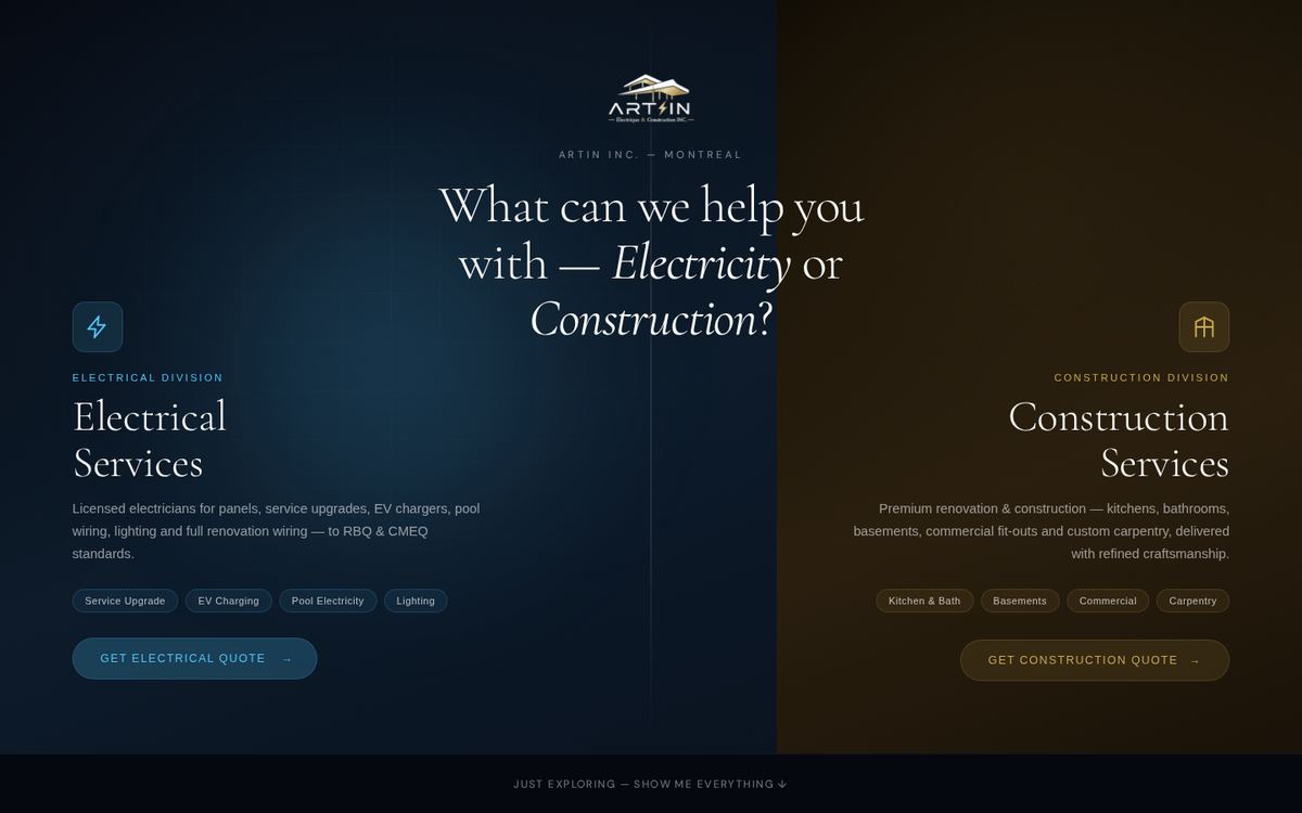 Artin Électrique website homepage, designed by STELLAIRE