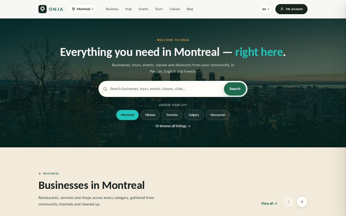 ONJA website homepage, designed by STELLAIRE