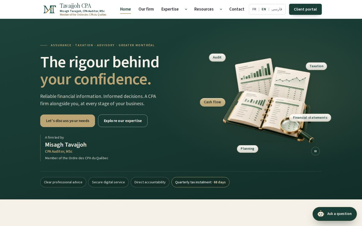 Tavajjoh CPA website homepage, designed by STELLAIRE