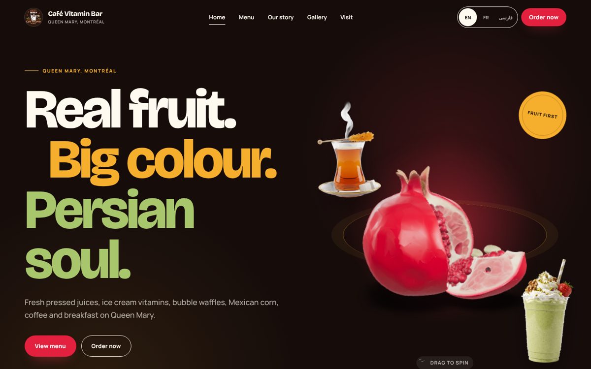 Café Vitamin Bar website homepage, designed by STELLAIRE